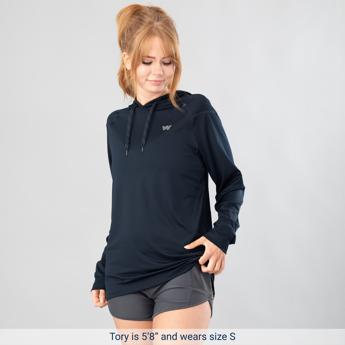 Woman wearing Midnight Blue Weatherman Sun Shirt in size small.