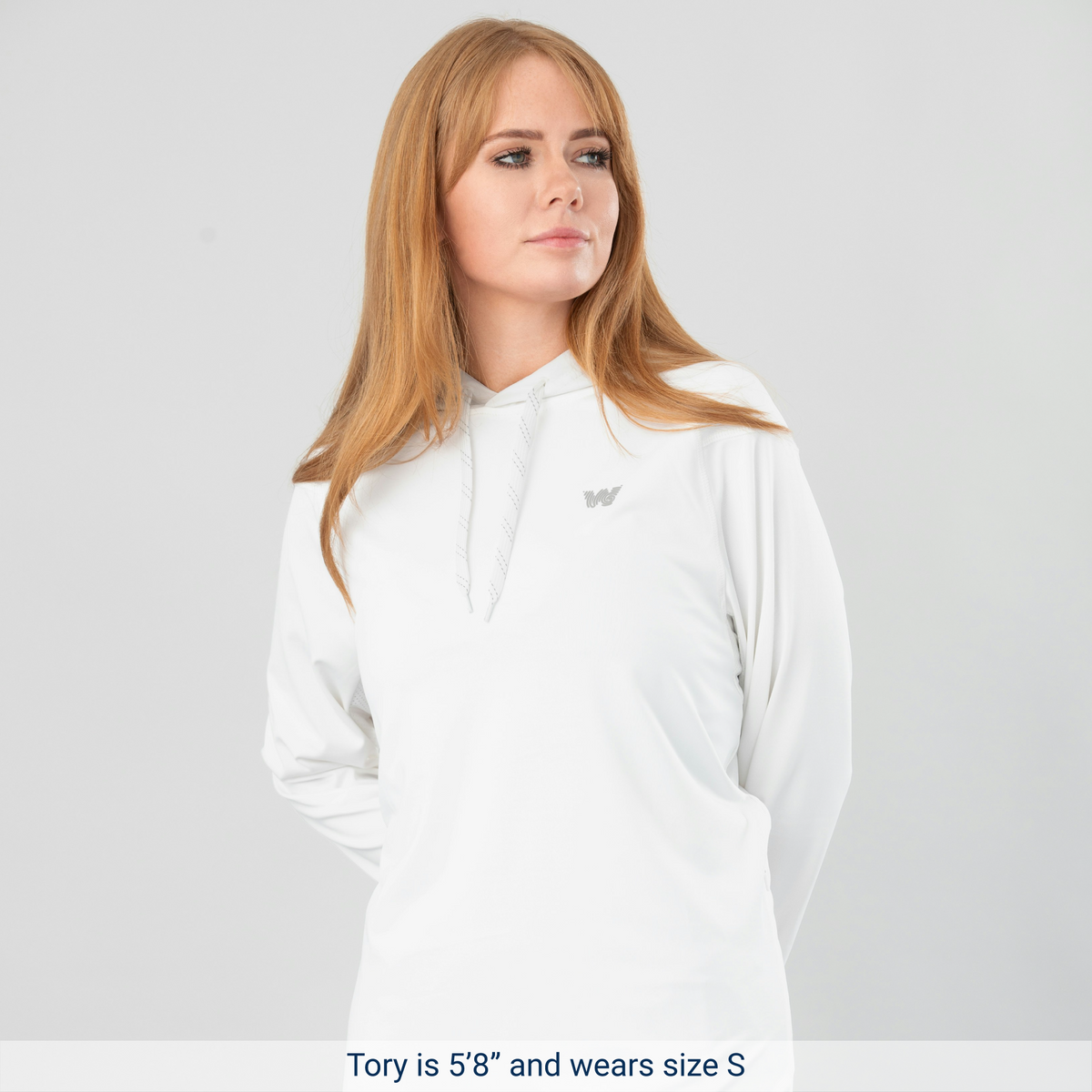 Woman wearing White Weatherman Sun Shirt in size small.